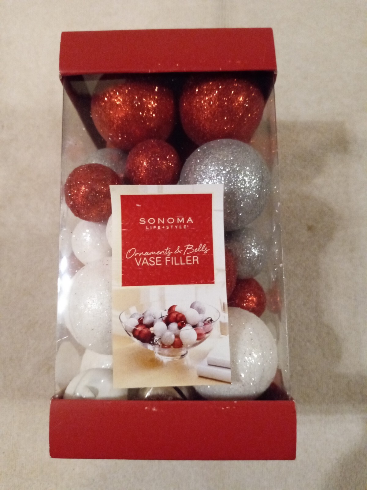 Sonoma silver, red & white ornaments & bells VASE or BOWL filler – NIB