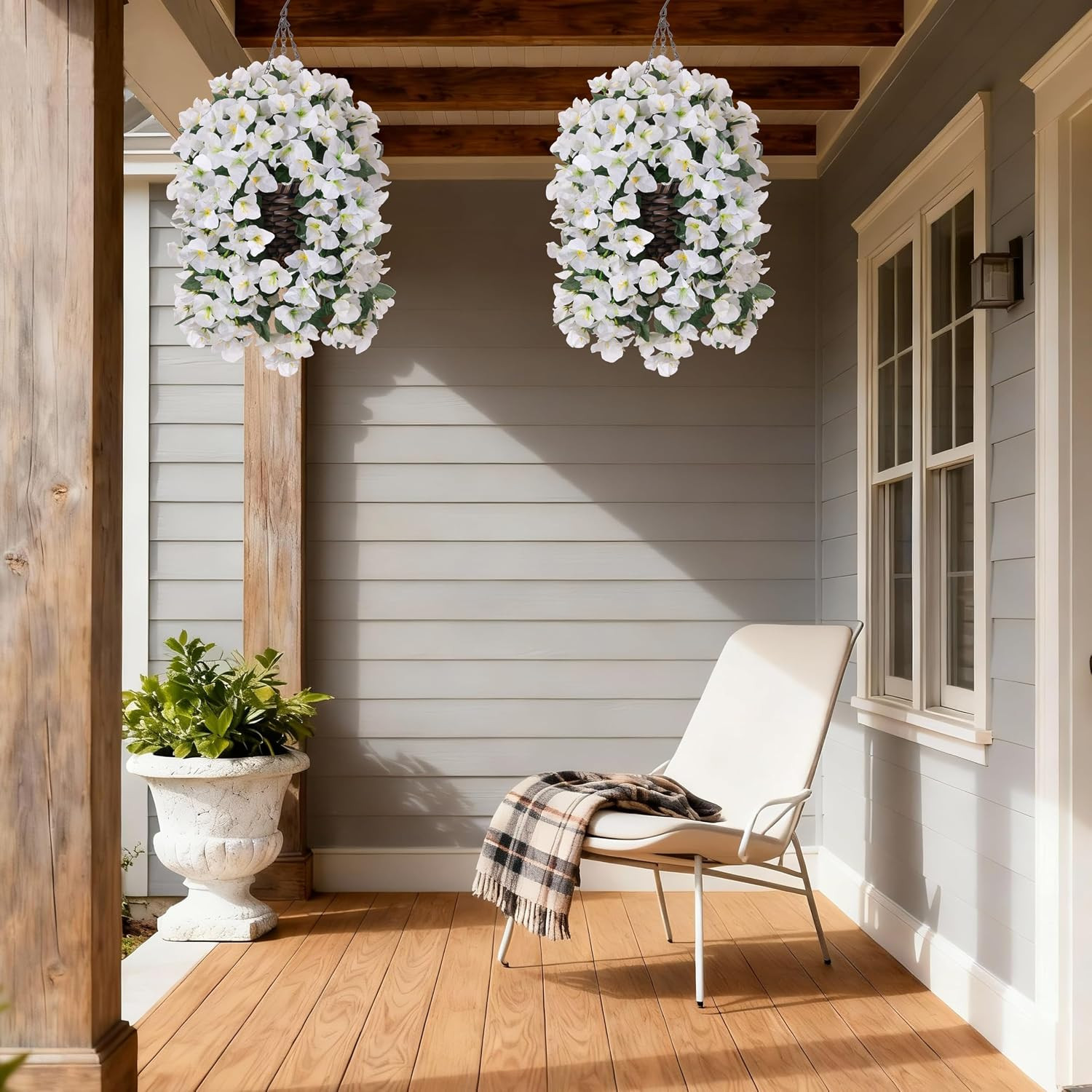 UV Resistant Bougainvillea Hanging Fake Flowers for Outdoor Decor – White