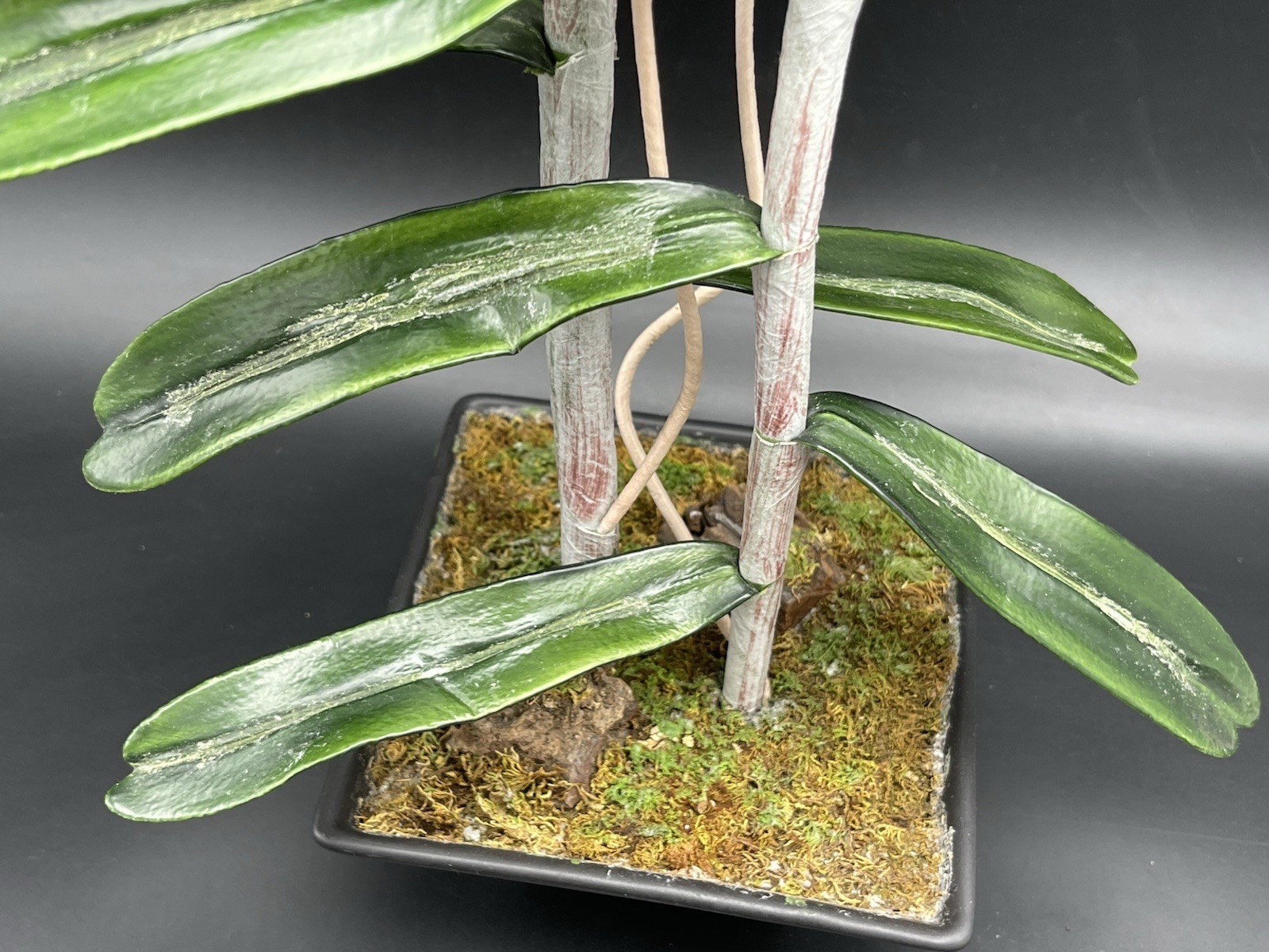 19″ Faux Orange Orchid Green Leaves Roots in Black Ceramic Pot