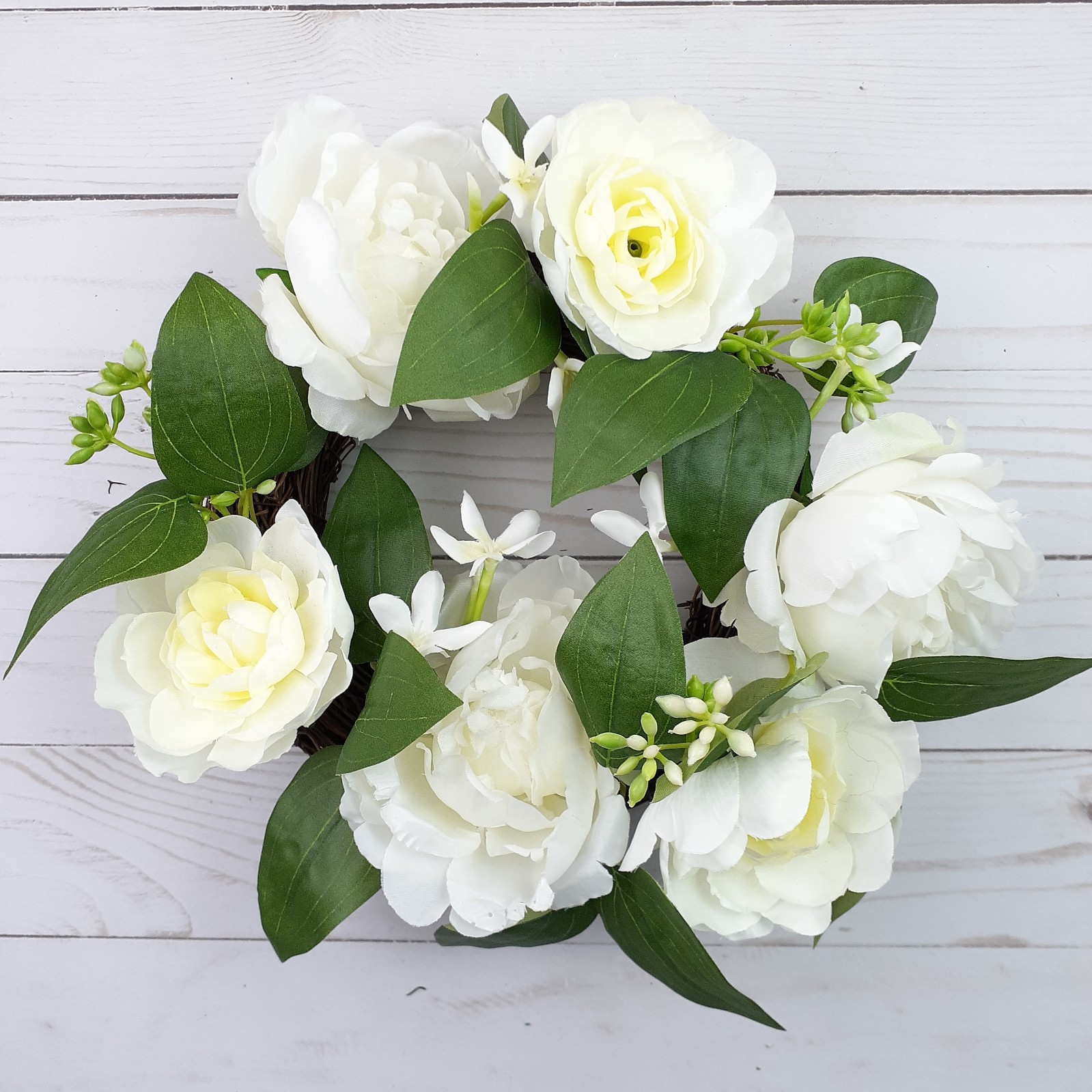 Candle Ring Wreath Cream Peony Rose Flowers Floral 5 in Inside 10 in Overall