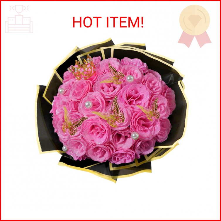 Pink Glitter Roses Bouquet, 24 Pcs Shiny Glitter Flowers Bouquet, Everlasting Ar