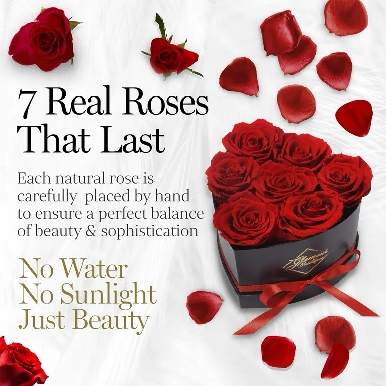 7-Piece Forever Flowers Heart Box – Preserved Roses, Lasts 1 Year, Gift for Mom