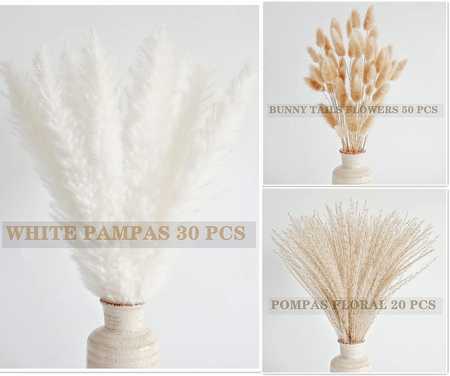 Chic Pampas Grass Collection: 100pcs White, Bunny Tails & Reed Grass Bouquet