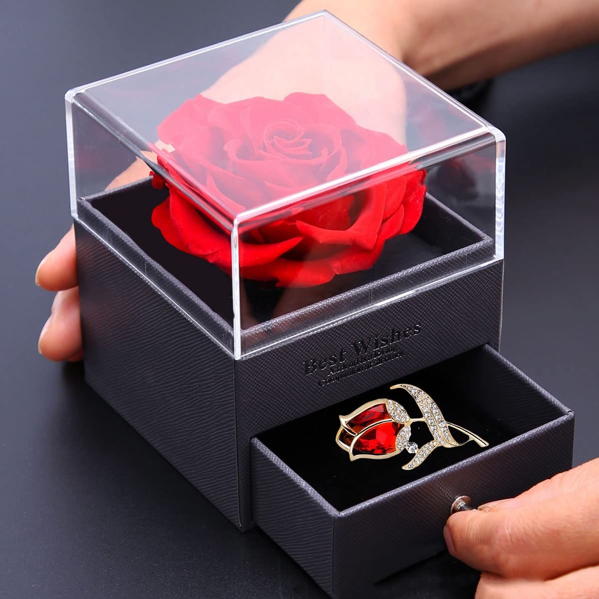 SWEETIME Preserved Red Rose Gift Box Enchanted Real Roses with Ruby Brooch, E…