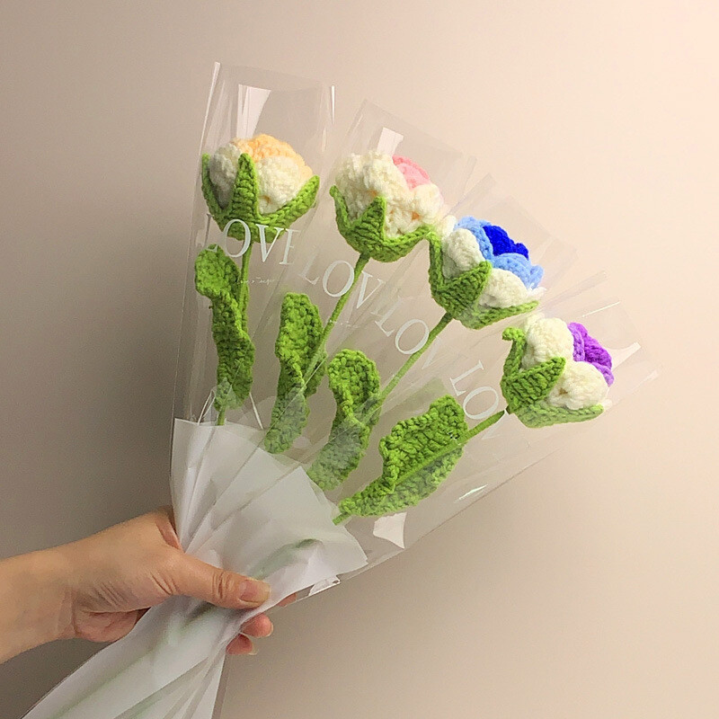 Hand Knitted Flower Yarn Crochet Rose Flowers Hand Craft Bouquet Wedding Decor