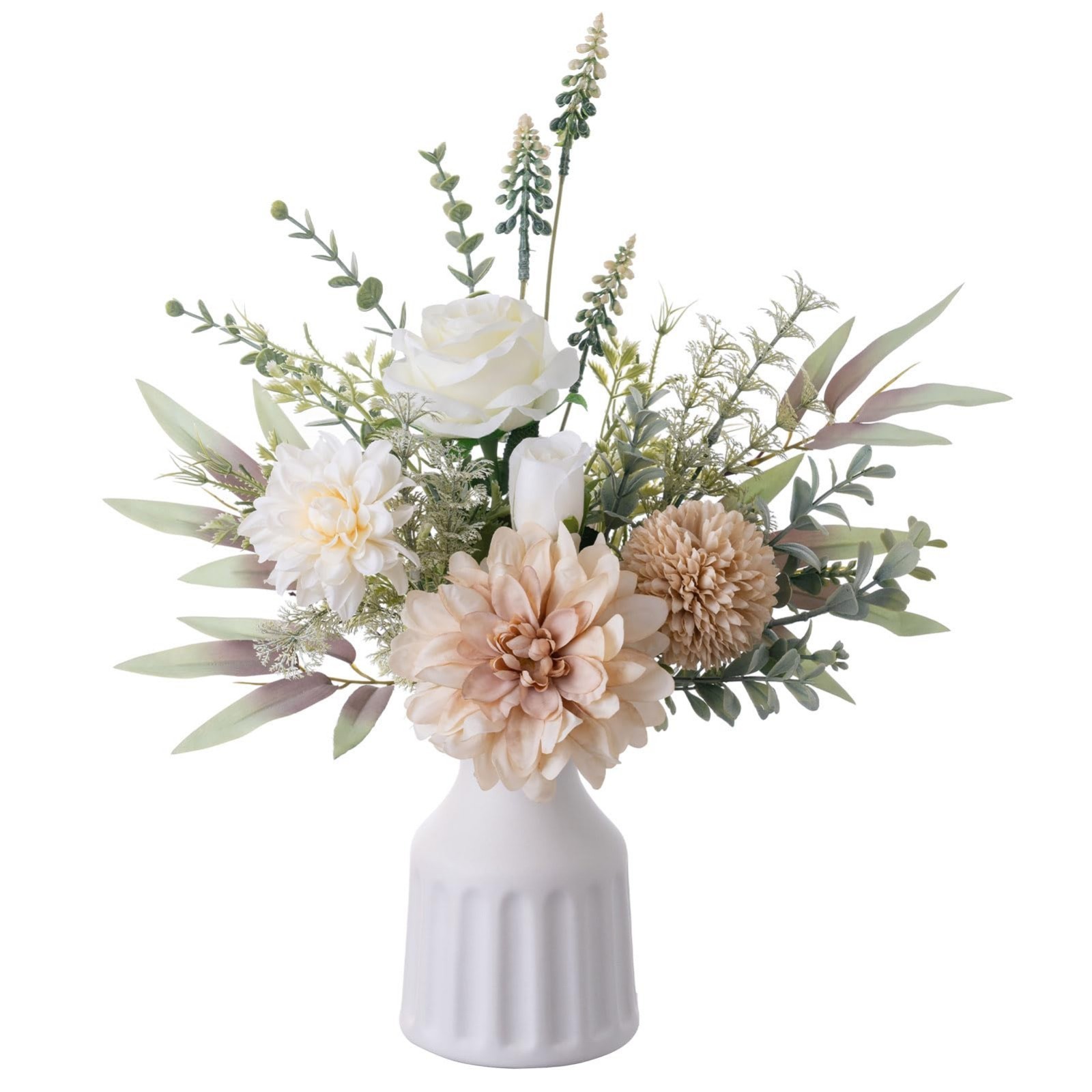 Artificial Floral Arrangements in Vase – 15.7” Silk Roses & Faux Dahlia Centerp