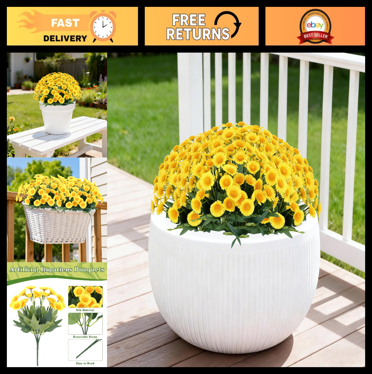 12 Bundles UV Resistant Artificial Marigold Flowers – Realistic Silk Plants for