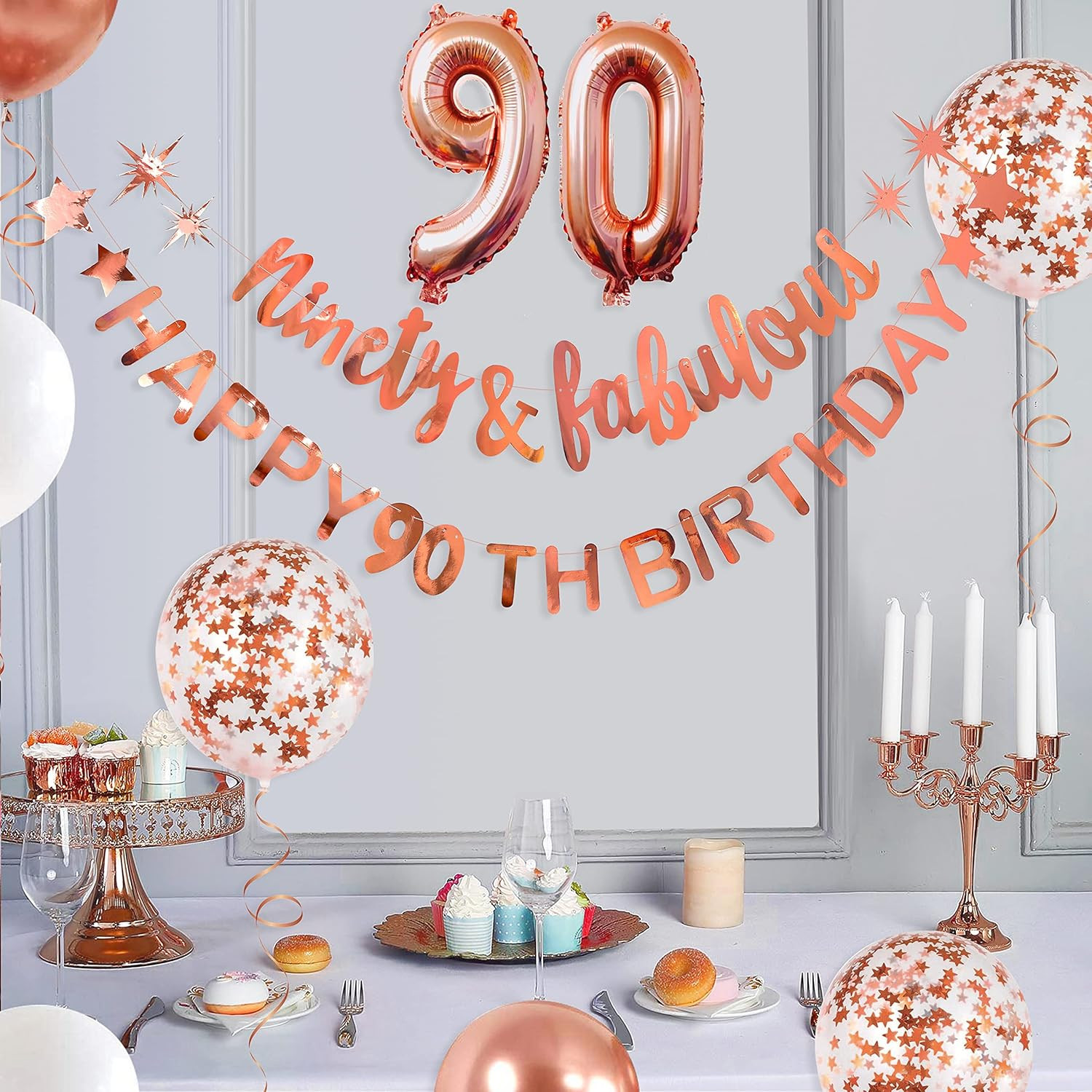Rose Gold Ninety & Fabulous Happy 90Th Birthday Banner Garland Foil Balloon 90 f