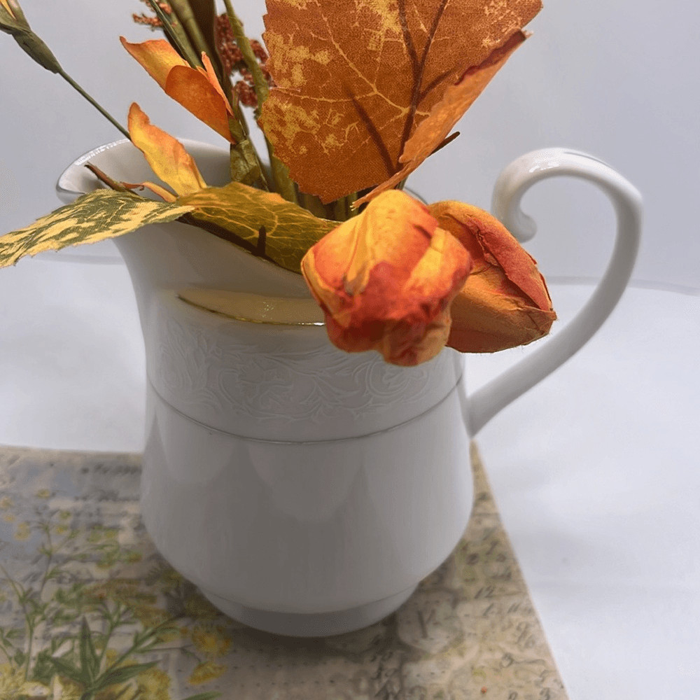 Farmhouse White Creamer Silver Horizontal Stripe Floral Accents Faux Flowers