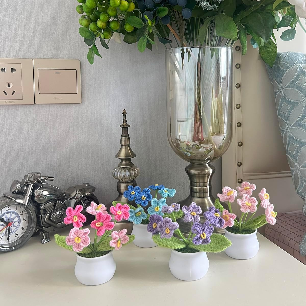 Artificial Crochet Flowers Handmade Knit Bouquet Home Decor Gift Pink A