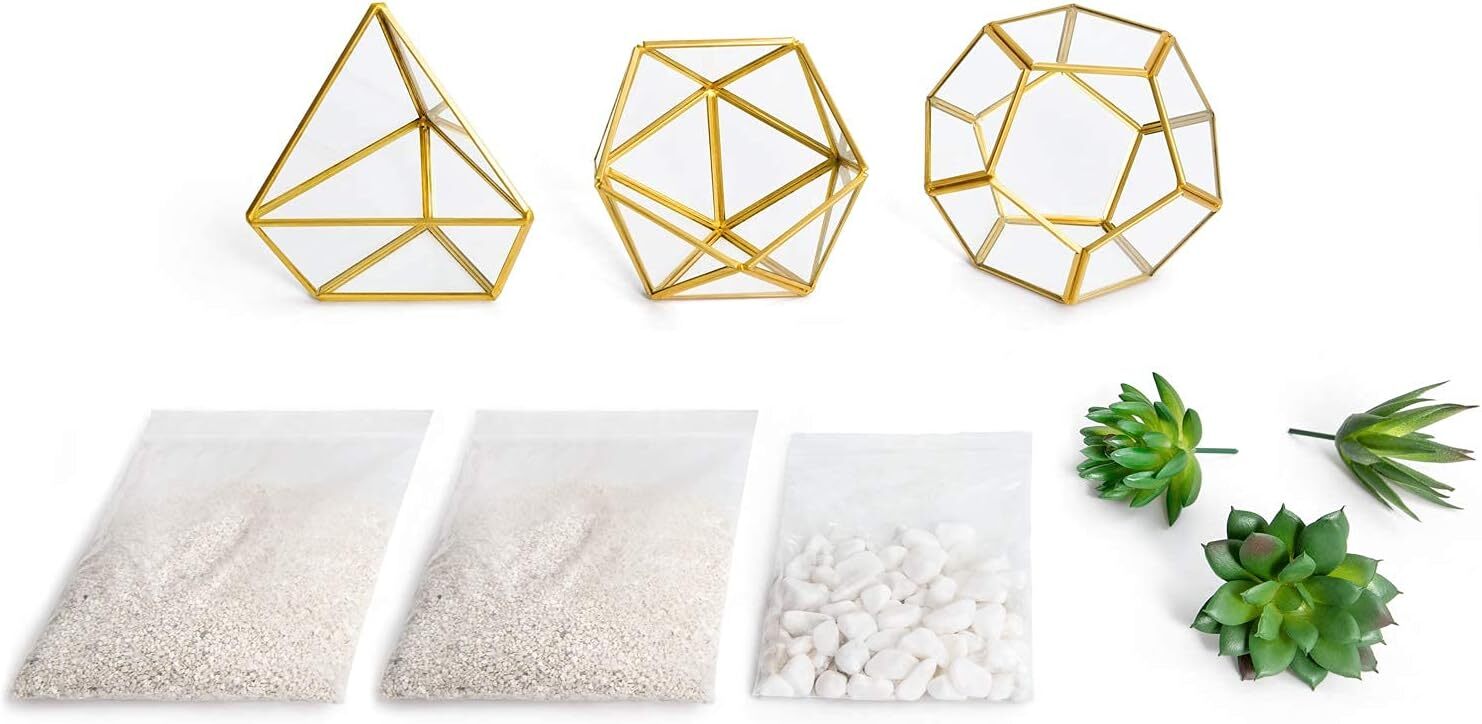 Artificial Succulent in 3 Pack Mini Glass Geometric Terrarium, Miniature Potted