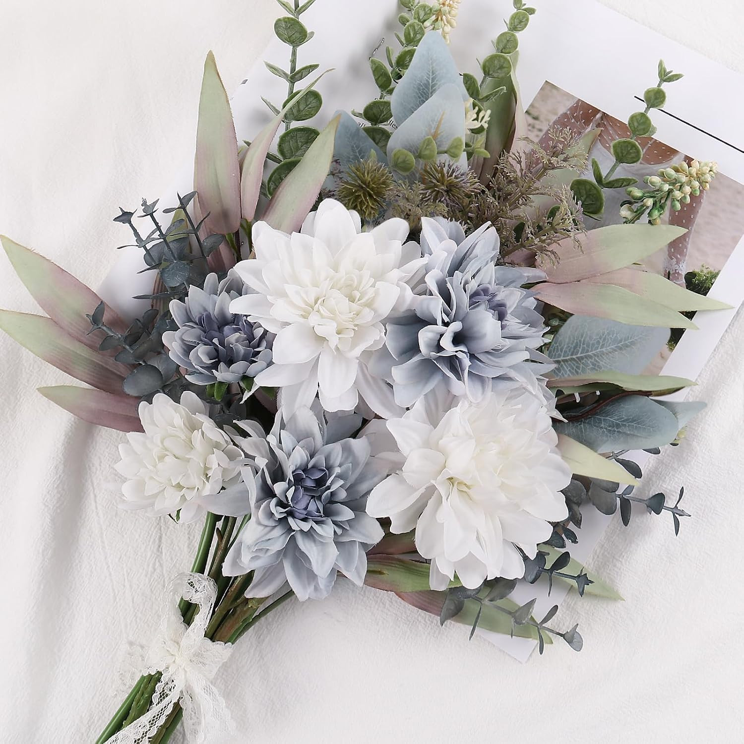 2 Pcs Blue White Faux Flower Bouquet for Home Decor & Wedding Centerpieces