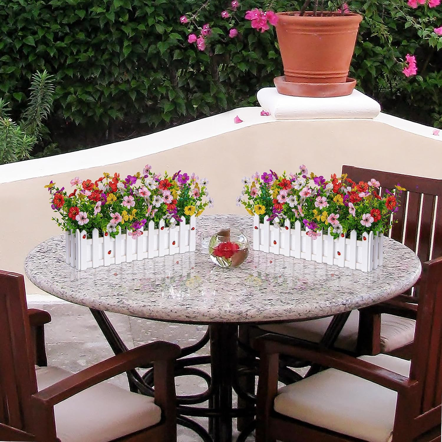 Colorful Artificial Flowers in Picket Fence Pot – Set of 2 for Home Decor