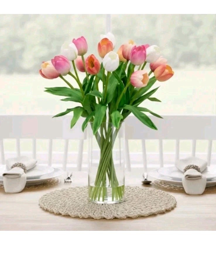 TULIPS FAKE ARTIFICIAL FLOWER FLORAL ARRANGEMENT SILK FLOWERS CERAMIC VASE NEW
