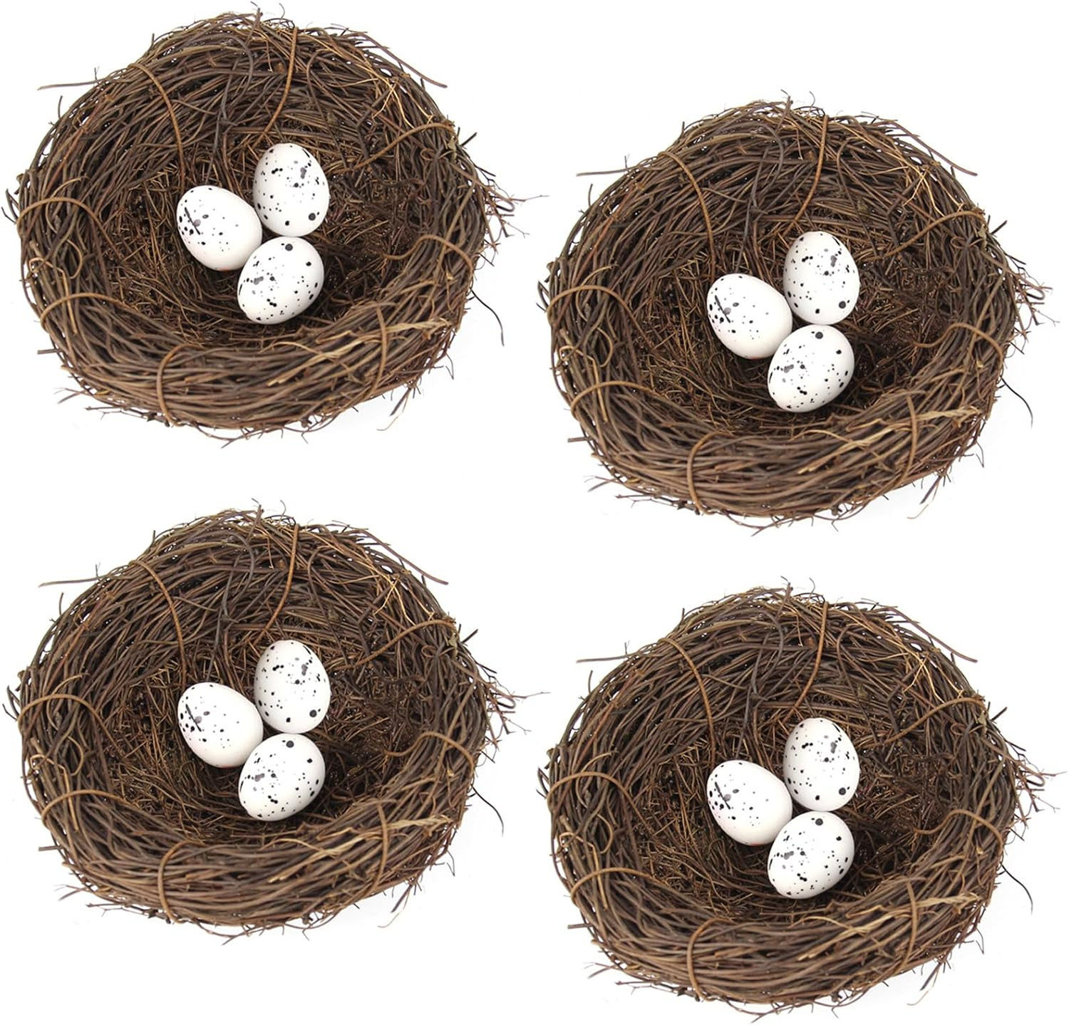 Artificial Rattan Bird Nests with Eggs – Set of 4 for Home and Garden Decor