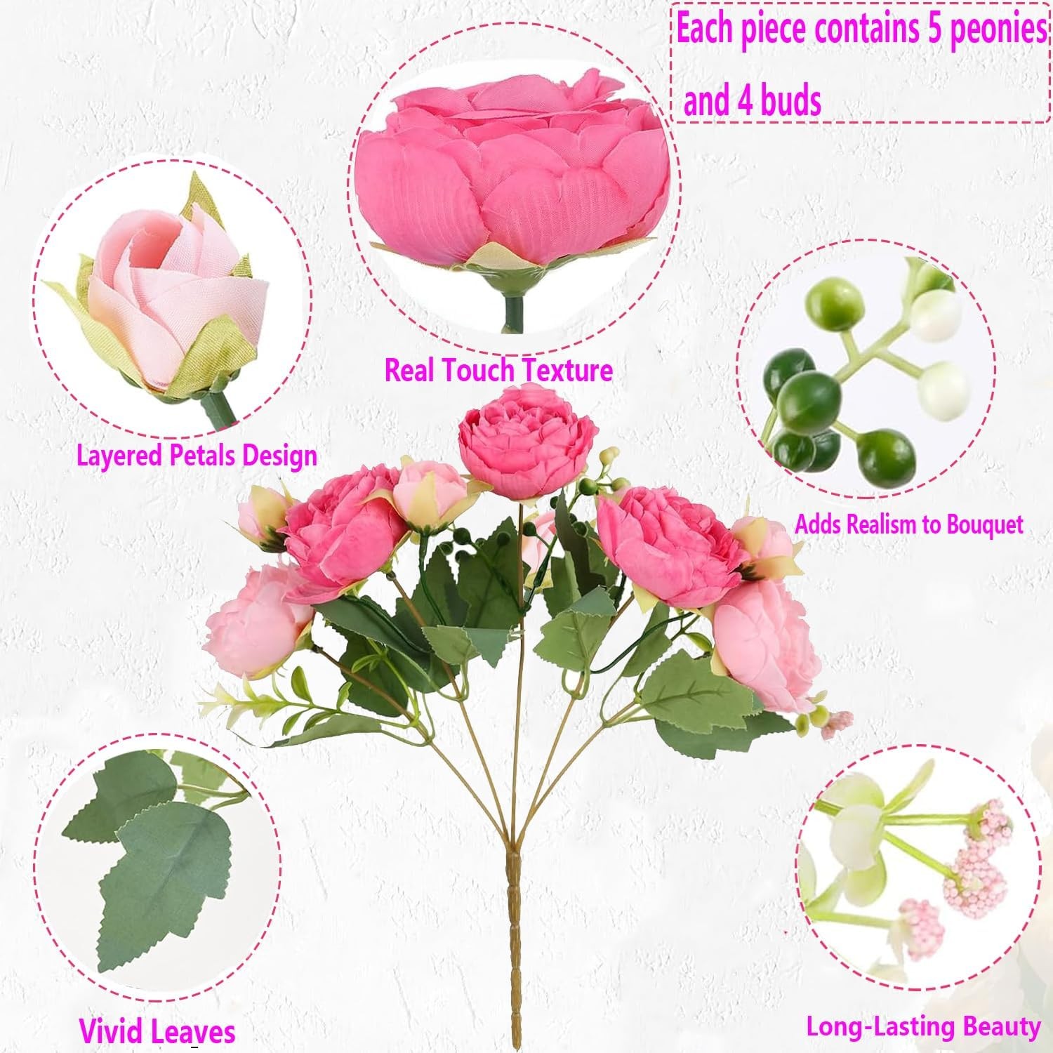 peonies artificial flowers 12 Bundles pink flowers bouquet, Lifelike Silk Fak…