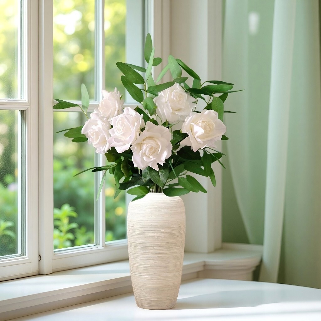 12pcs Artificial Natural White Rose Eucalyptus Leaves Bouqute