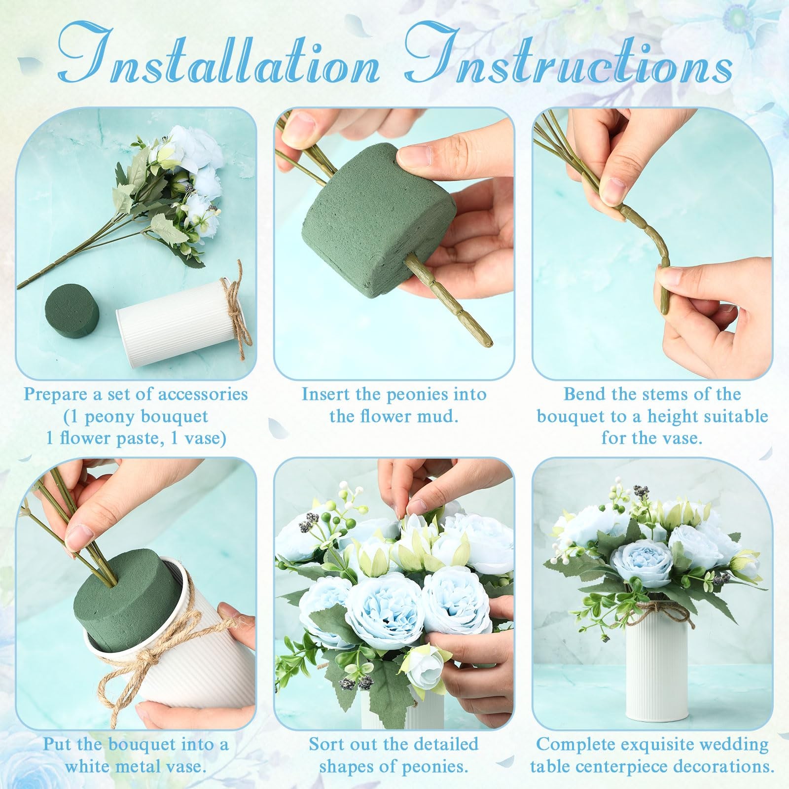 Light Blue Wedding Floral Centerpiece Artificial Peonies Bouquet 6 Sets