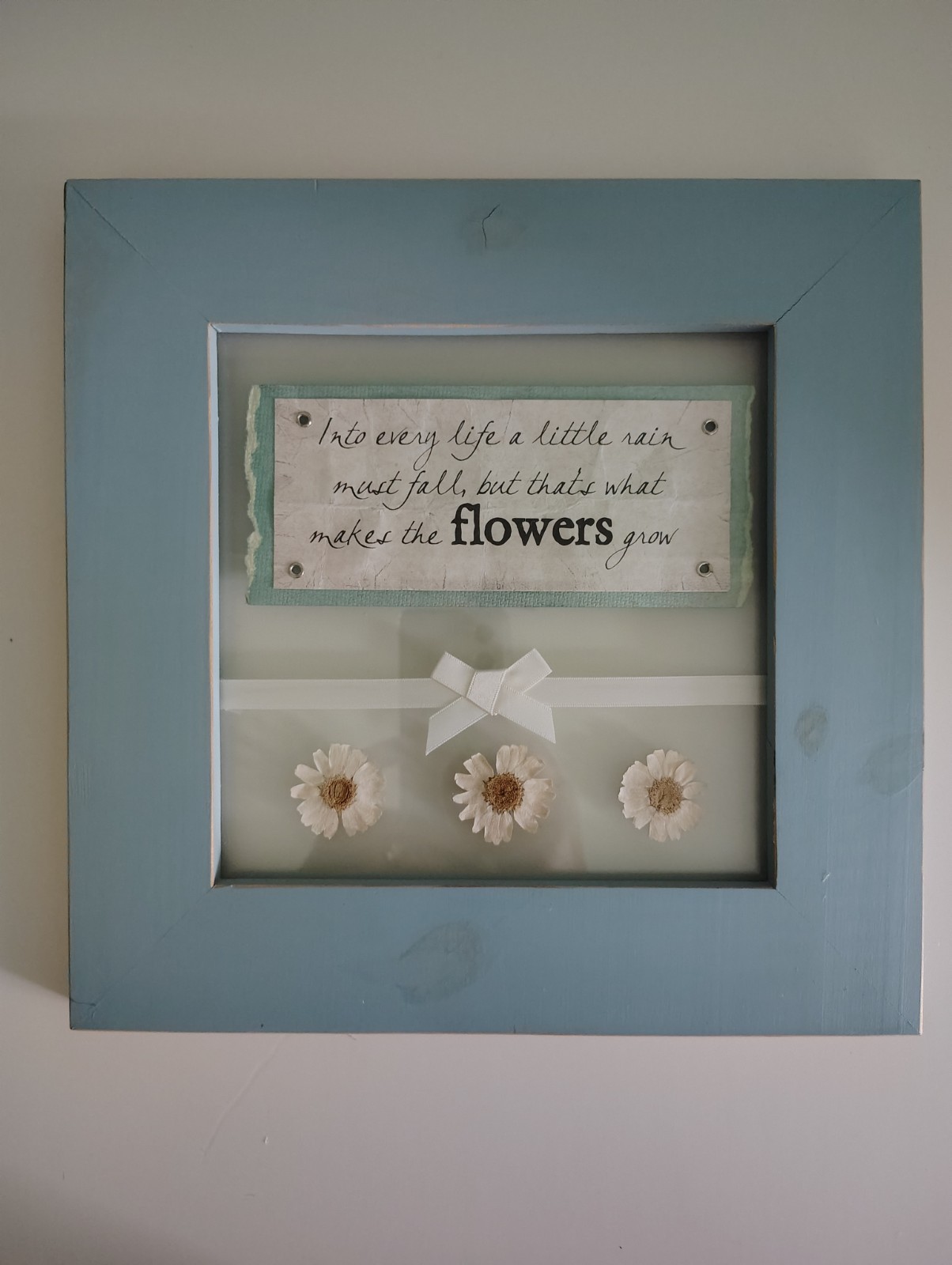 Dried Flowers Encased In Glass w/Quote In Rustic Wood Blue Frame Shabby Chic
