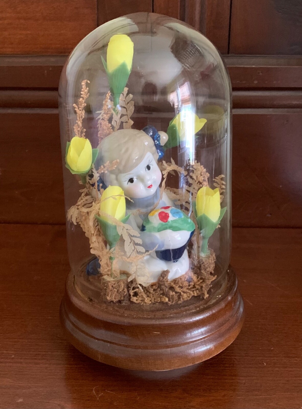 Vintage MCM Musical SpInning Floral Cloche Dome Terrarium Mid-Century Decor