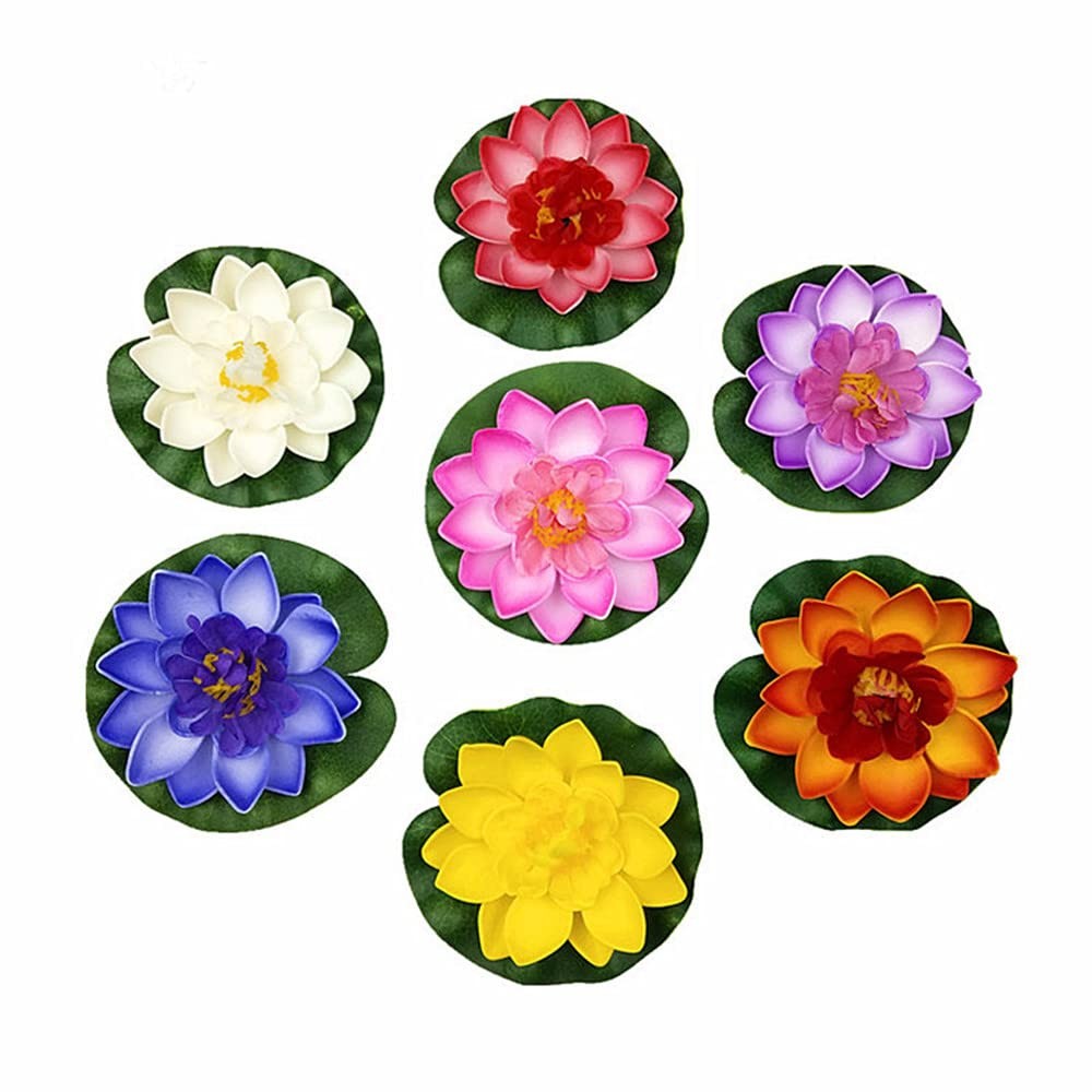 XIZHI 7 Pcs Artificial Floating Foam Lotus Flower with Water Lily Pad, Floati…