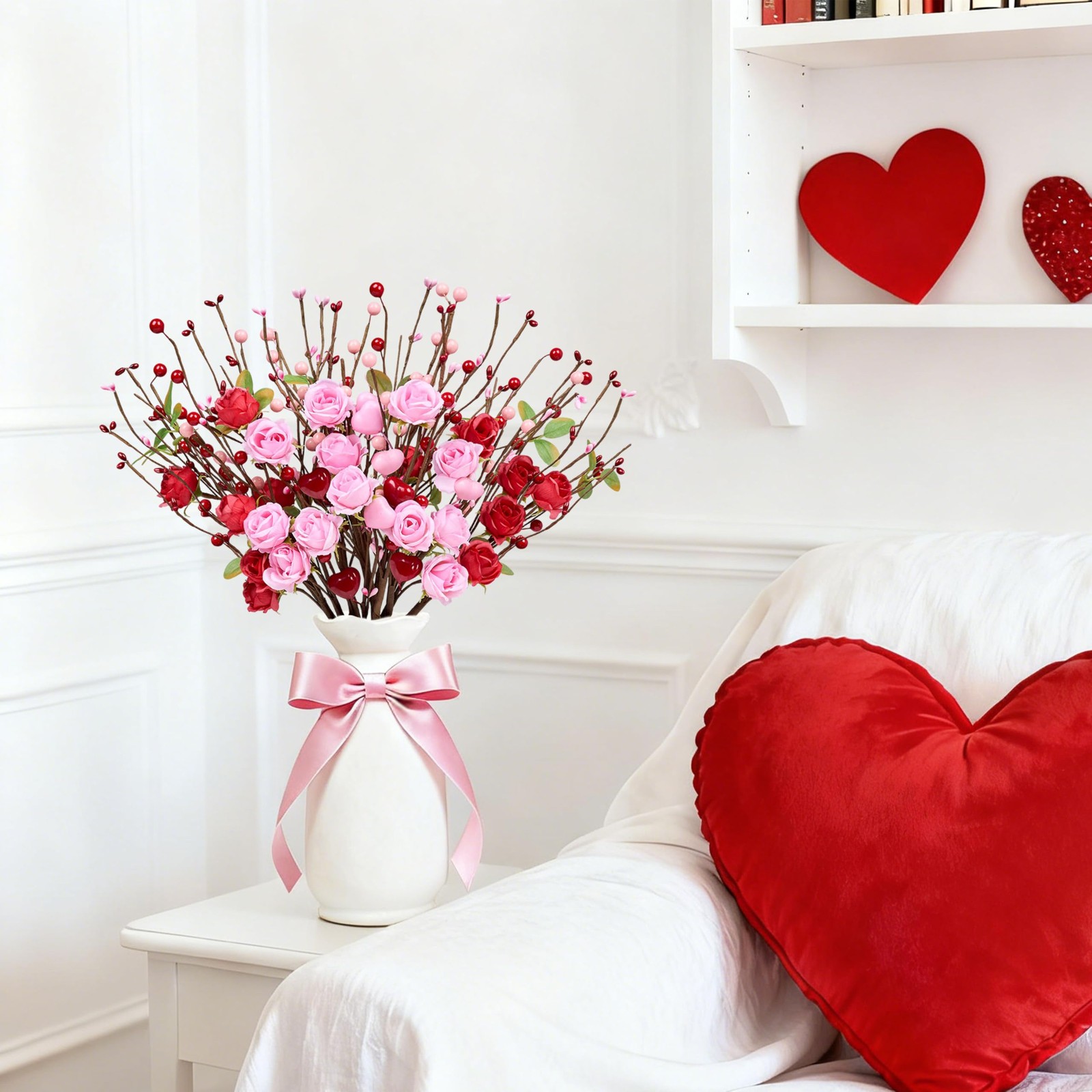 12 PCS Valentine Artificial Flowers 17 Inch Picks Red Roses Pink Heart Berries