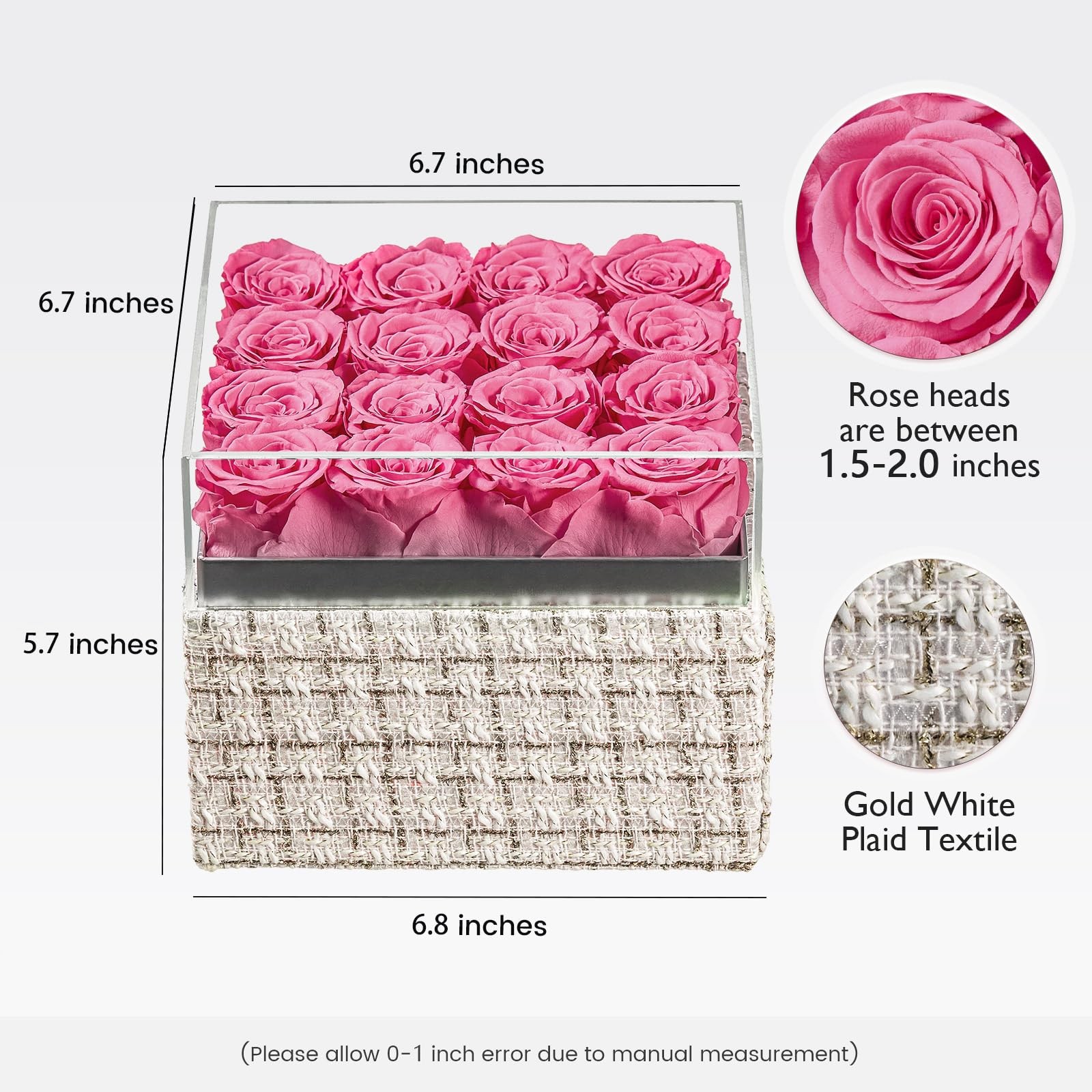 16 PCS Pink Preserved Real Roses Square Gold White Plaid Box Valentines