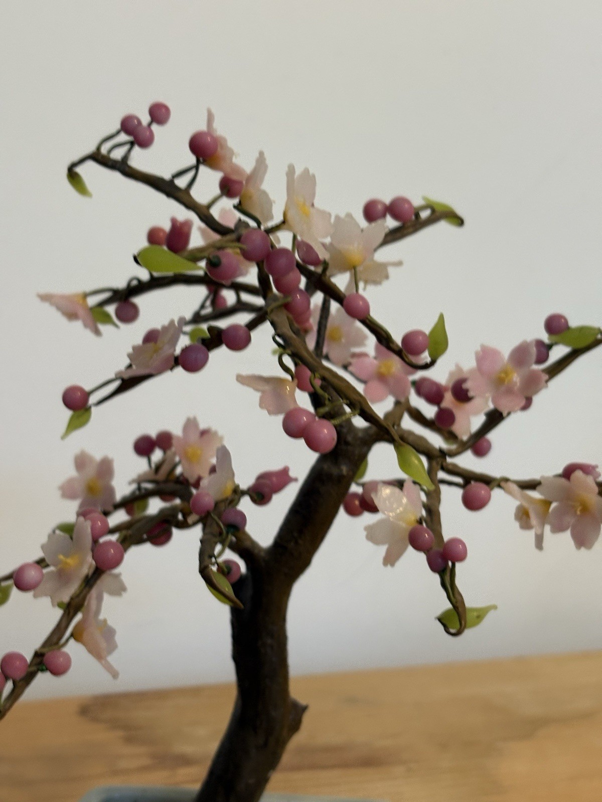 Vintage Cherry Blossom Bonsai Tree w/ Pink Blossoms & Berries Gray Planter