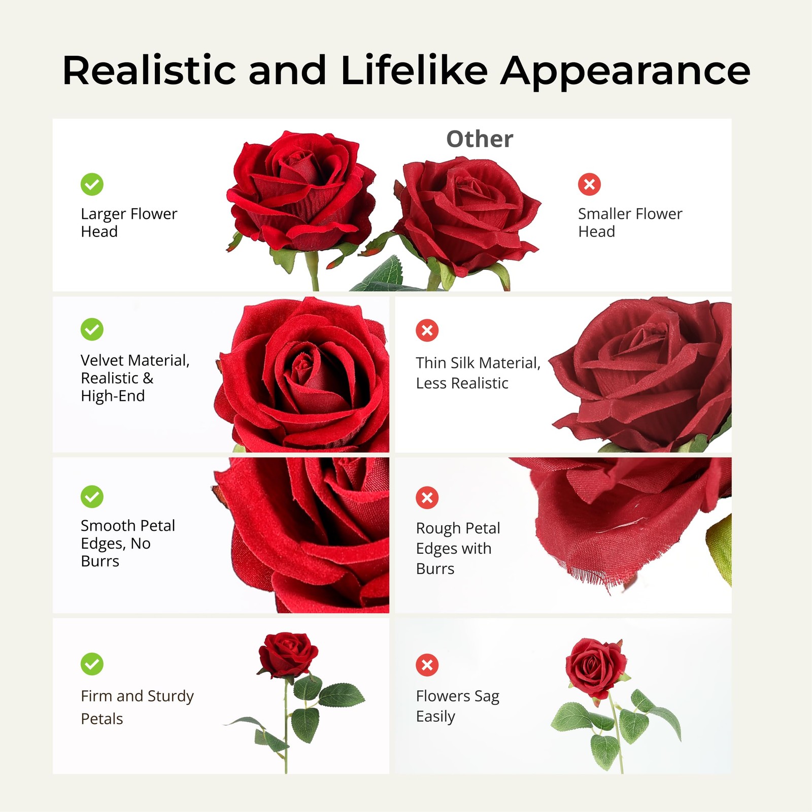 60 PCS Realistic Red Velvet Silk Artificial Faux Roses Wedding Bouquets