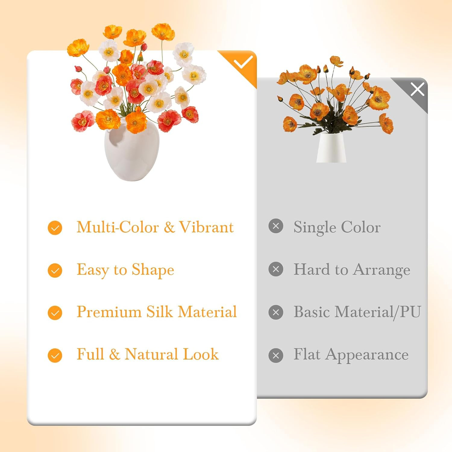 12PCS Silk Poppy Flowers Bouquet for Home Decor, Wedding & Party (Orange/Red)