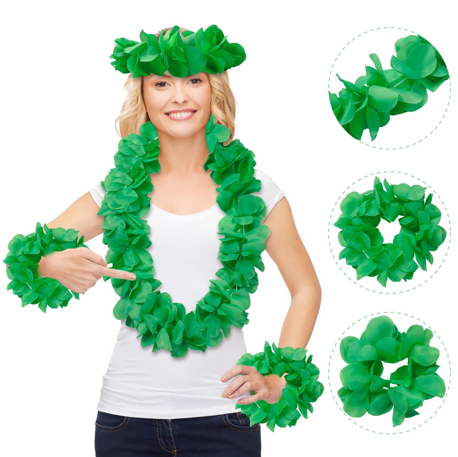 Hawaiian Flower Leis Luau Wreath Set, Green Leis for Halloween Costume Tropic…