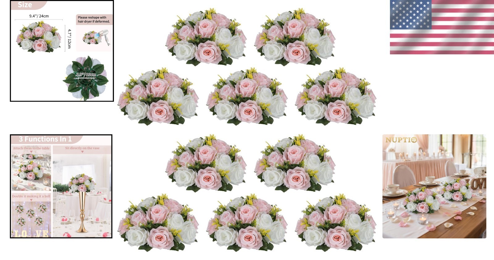 Silk Rose Flower Balls – 10 Pcs 9.5″ Pink White Centerpieces, Ready-to-Use Decor