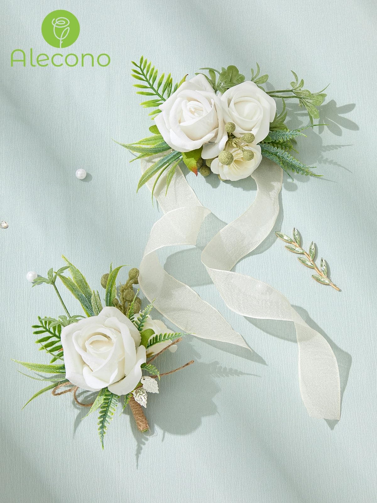 White Rose Bride Wrist Corsage And Groom Boutonniere Set Wedding Prom Decor