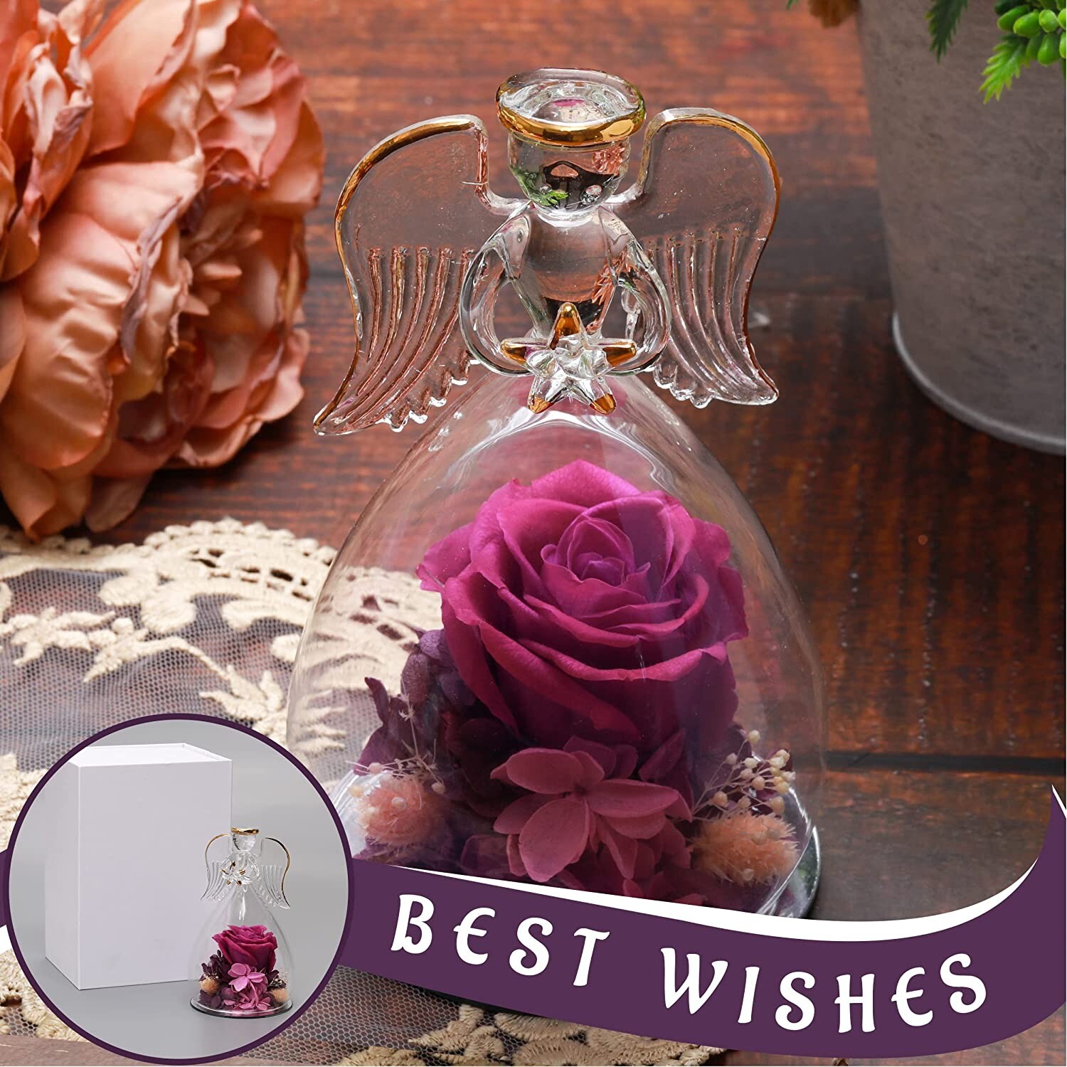 Preserved Purple Rose Christmas Birthday Gift Glass Angel For Women Wife Mom