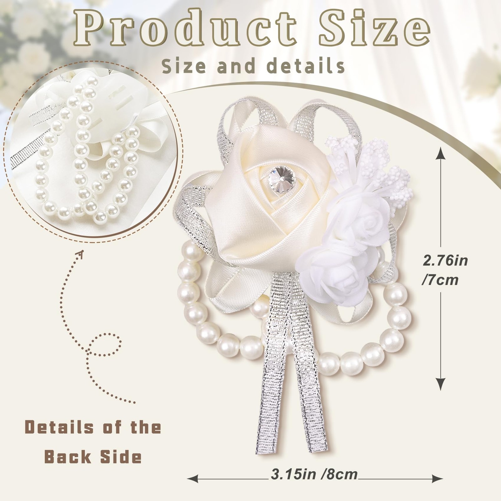 4 PCS Beige White Wrist Corsages Artificial Silk Rose Pearl Bridal Bridesmaid