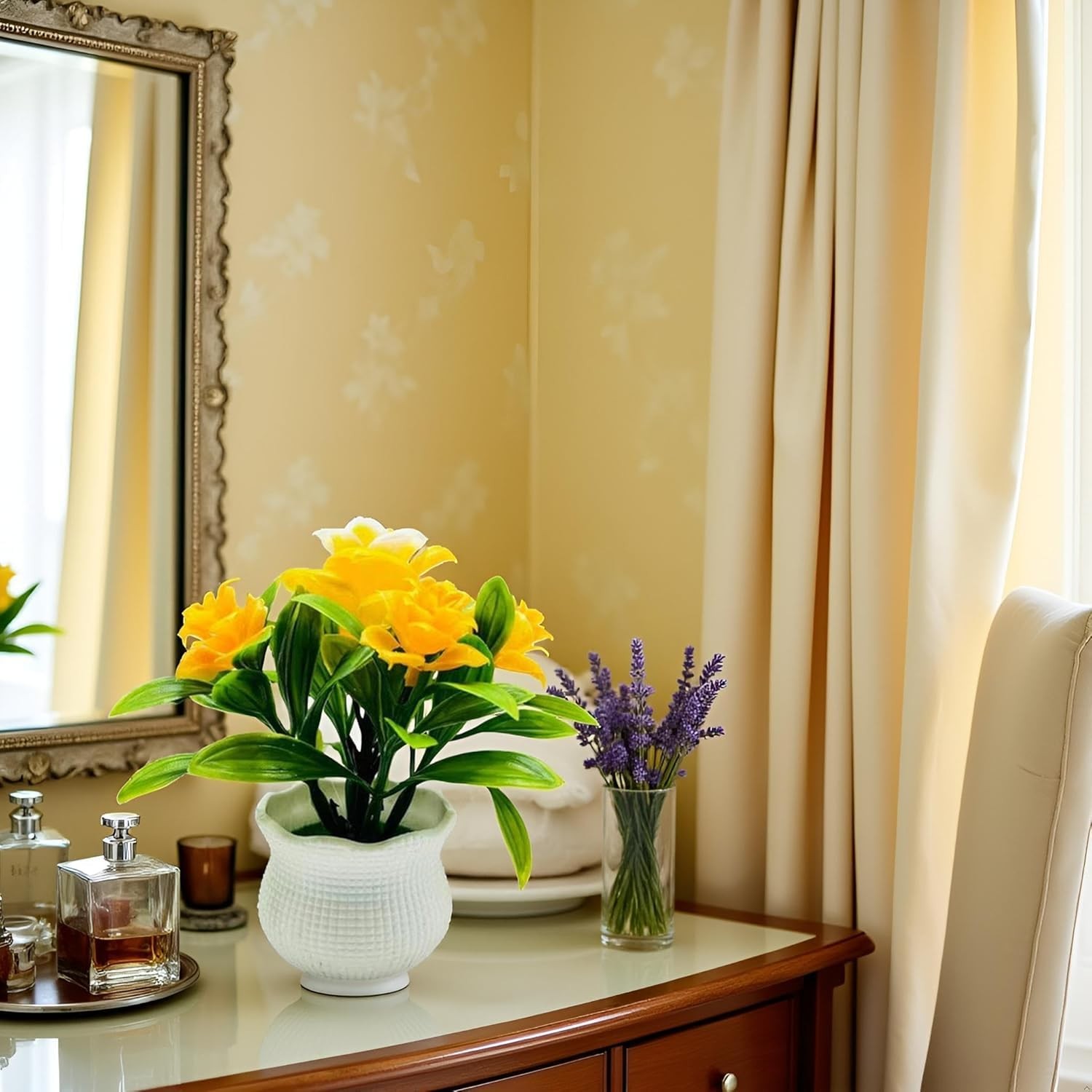 Yellow Faux Roses – 5-Petal Bloom Potted Arrangement for Home/Wedding/Garden …