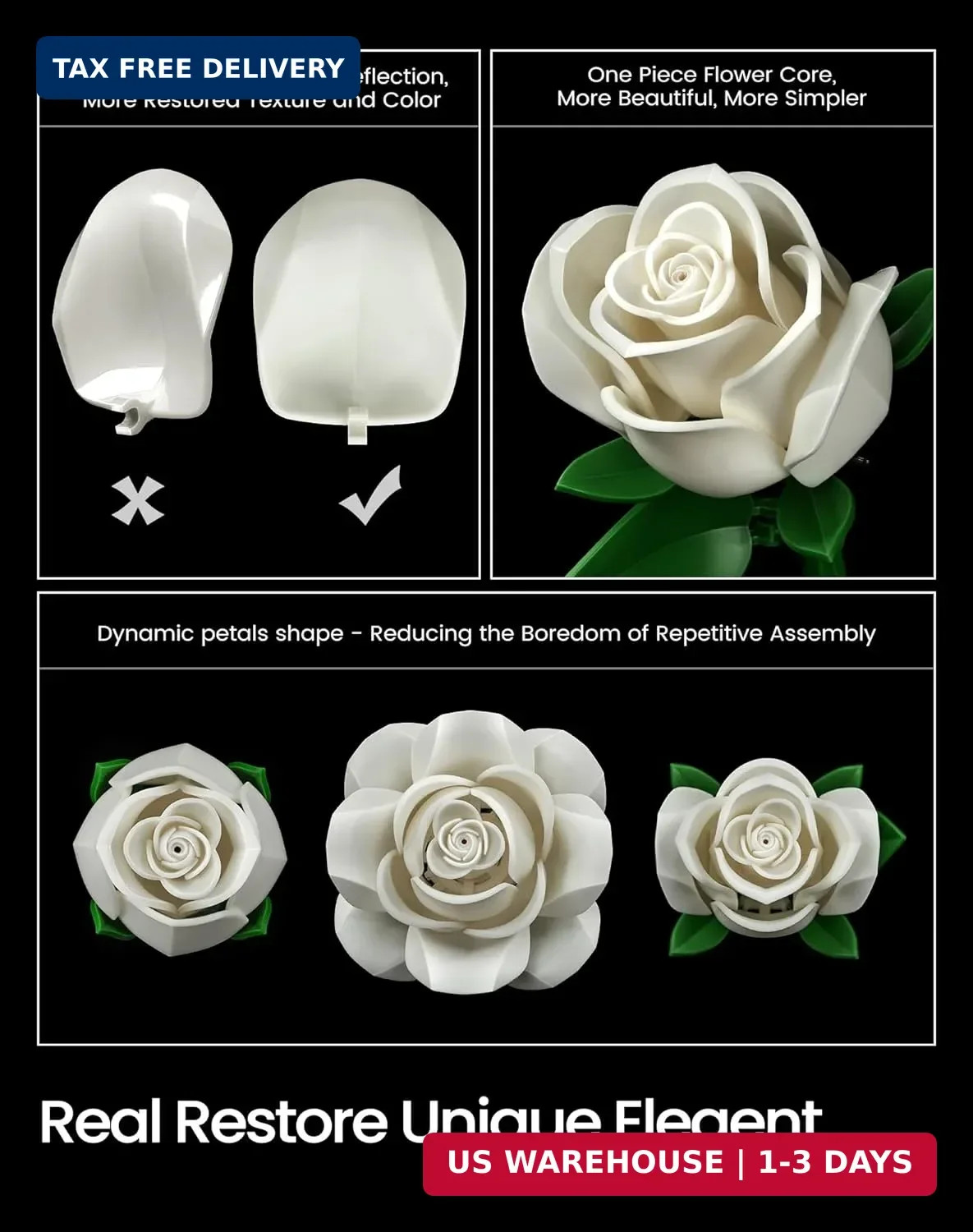 White Rose Bouquet Building Set 12PCS Botanical Flowers Home Decor Gift