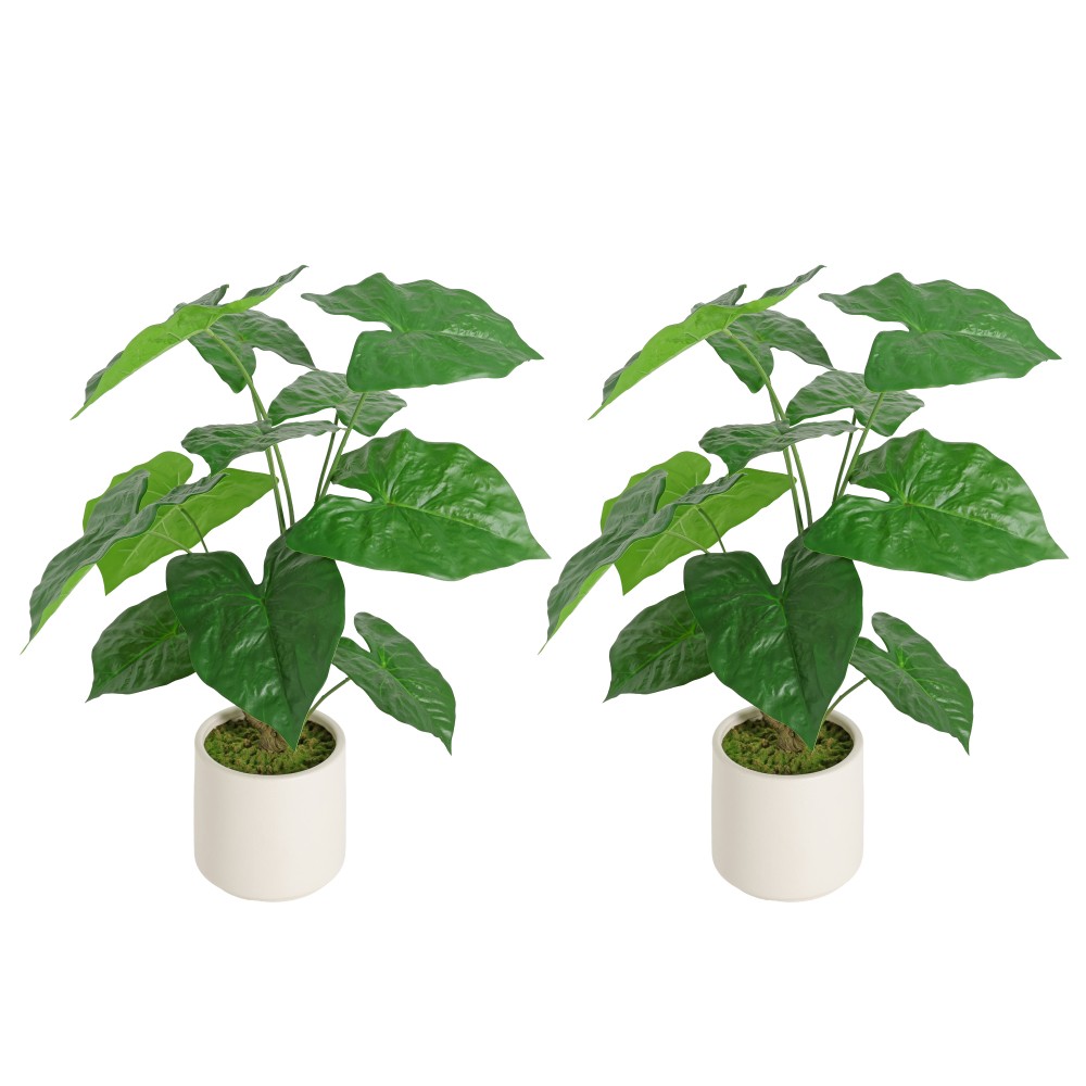 30 Inch Artificial Tropical Alocasia Leaf Plant with White Pot 2 Piece Set
