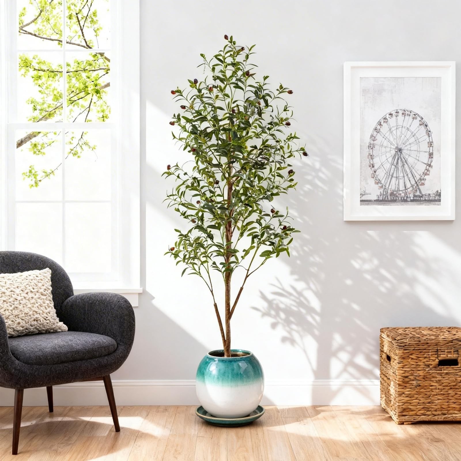 6Ft Artificial Olive Tree with Moss & Basket – Indoor Tall Faux Olive Tree in…