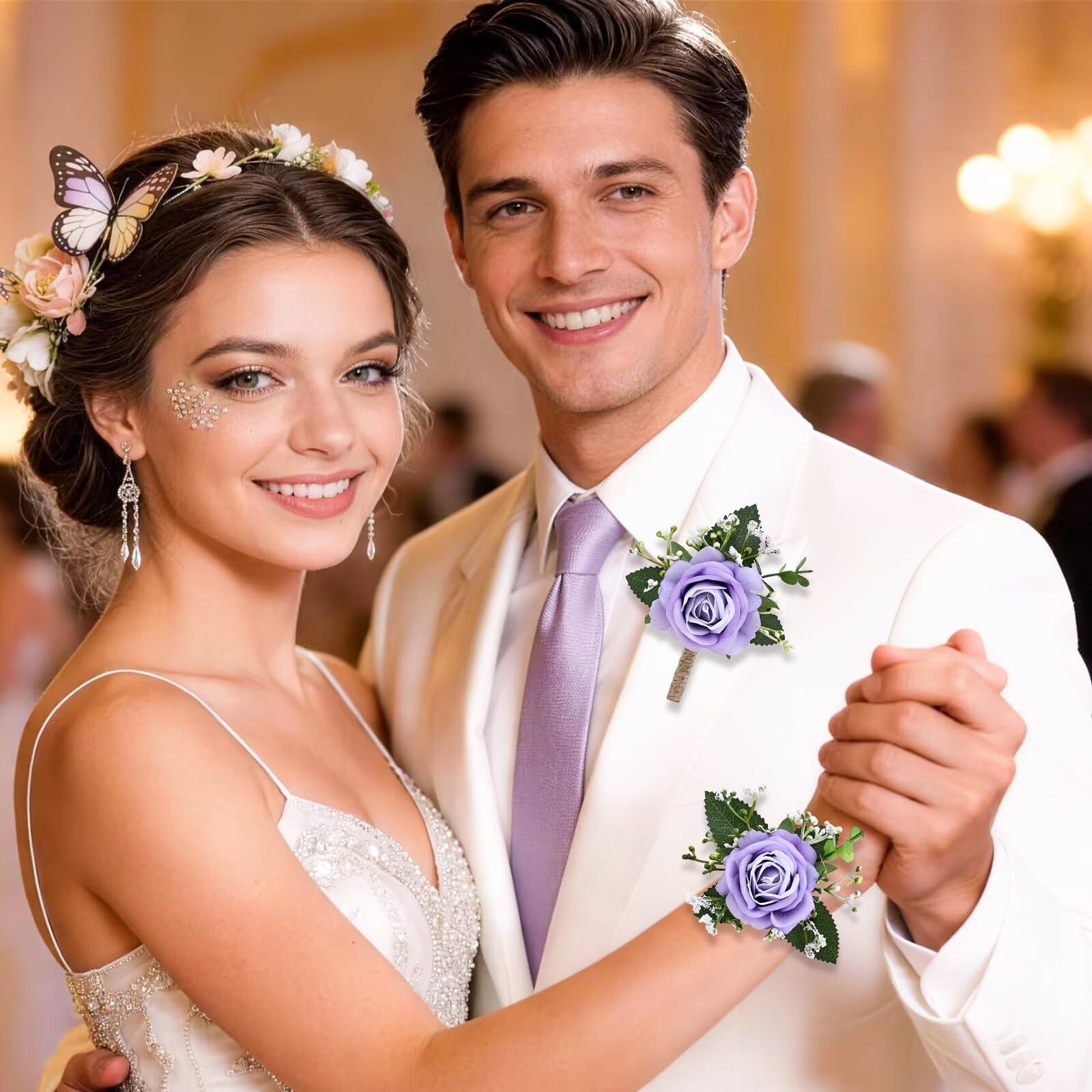 2Pcs Purple Wrist Corsage and Men Boutonniere Set, Artificial Flower Wristlet…