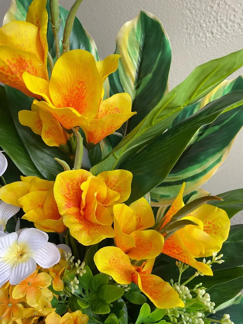Tropical Floral Arrangement: Yellow & Green Beach House Decor, Table Centerpiece