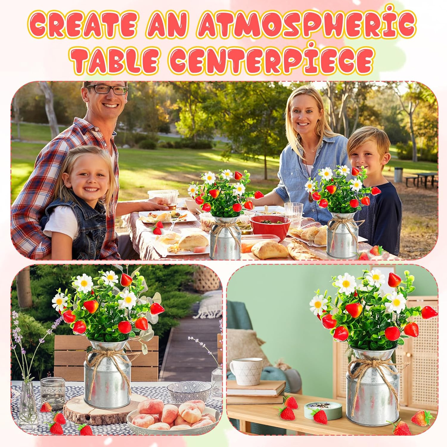 Summer Strawberry Centerpieces – 12 Sets with Vases for Home & Party Decor