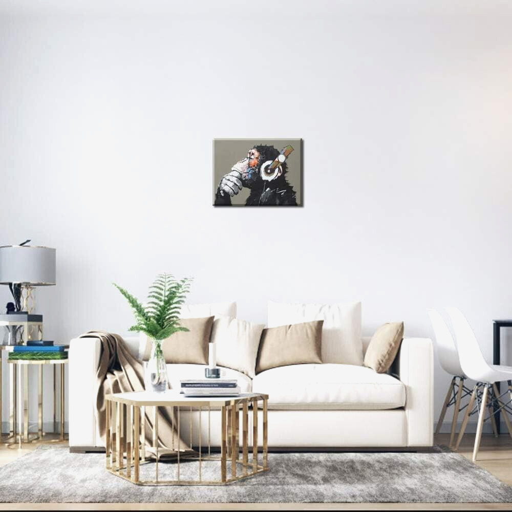 《Chimpanzee Listening to Music》 High Quality Painting Canvas. With Wooden Frame