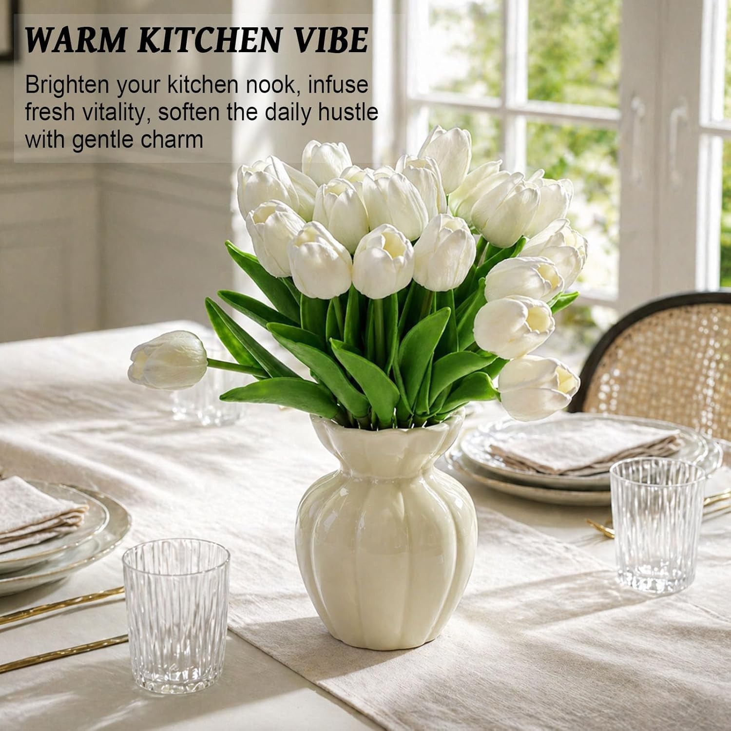 White Artificial Tulips Flowers,20 PCS PU Fake Tulips for Outdoors & Indoors,…