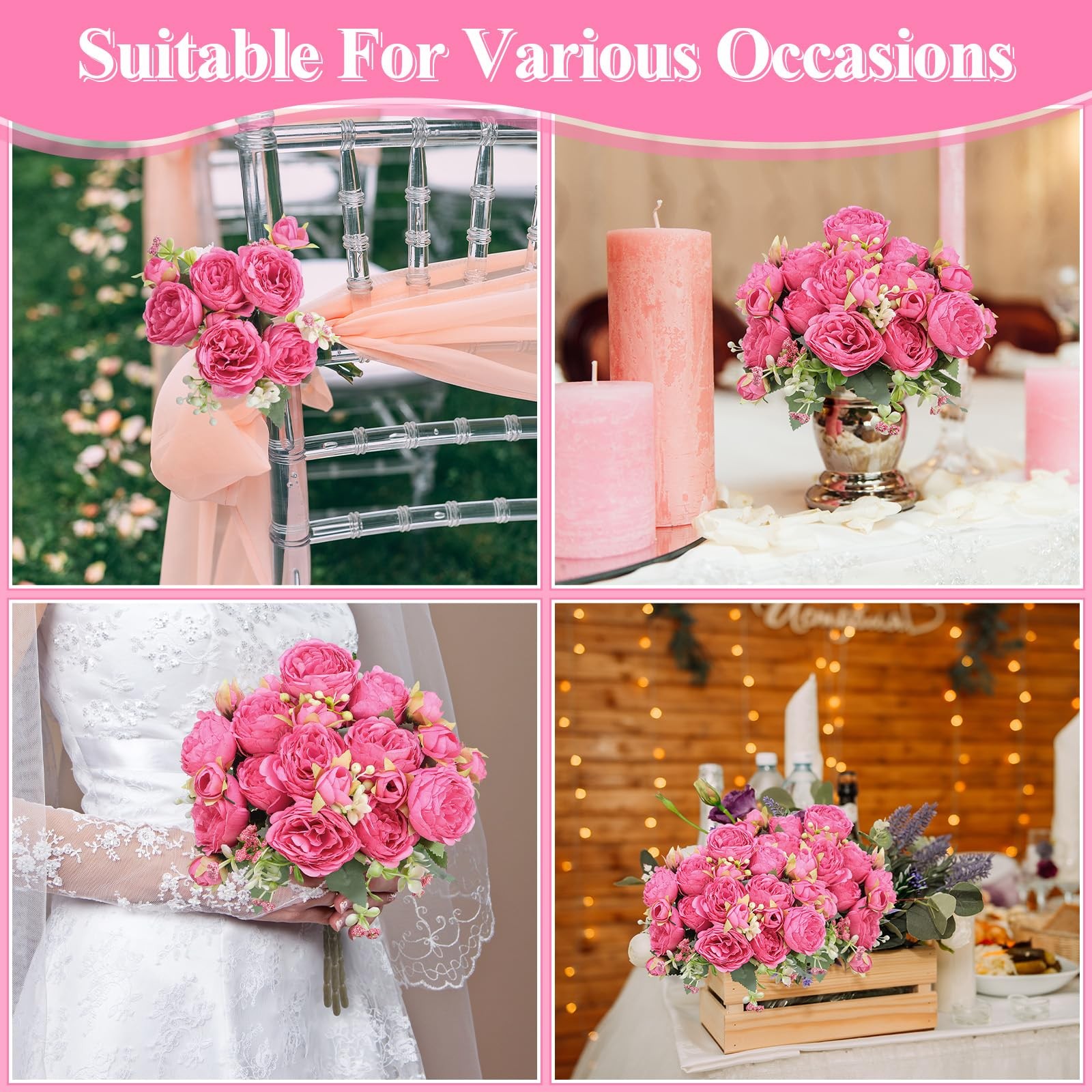 4 PCS Hot Pink Peonies Artificial Faux Flowers Wedding Bridal Bouquet Decor
