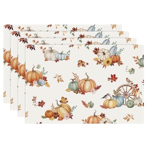Fall Pumpkin Placemats Set of 4, 12×18 Inch Autumn Maple Leaves Pumpkin-3
