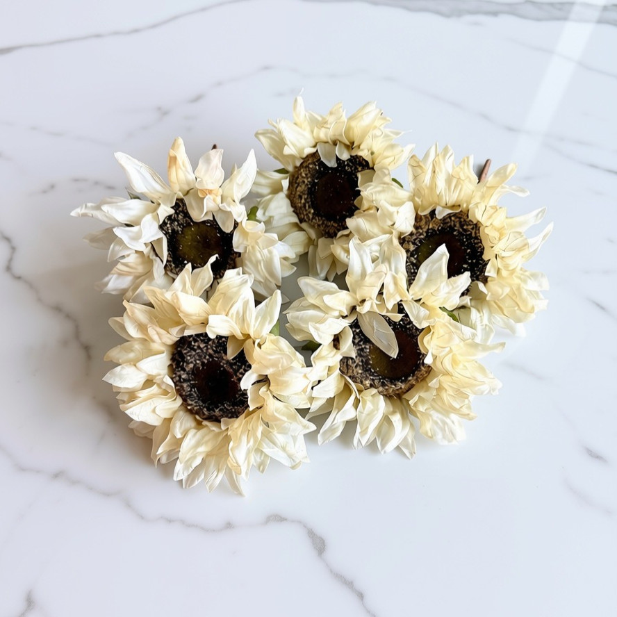 Set of 5 Cream Faux Sunflower Picks Soft Fabric Petals Wrapped Stems 9″ Tall