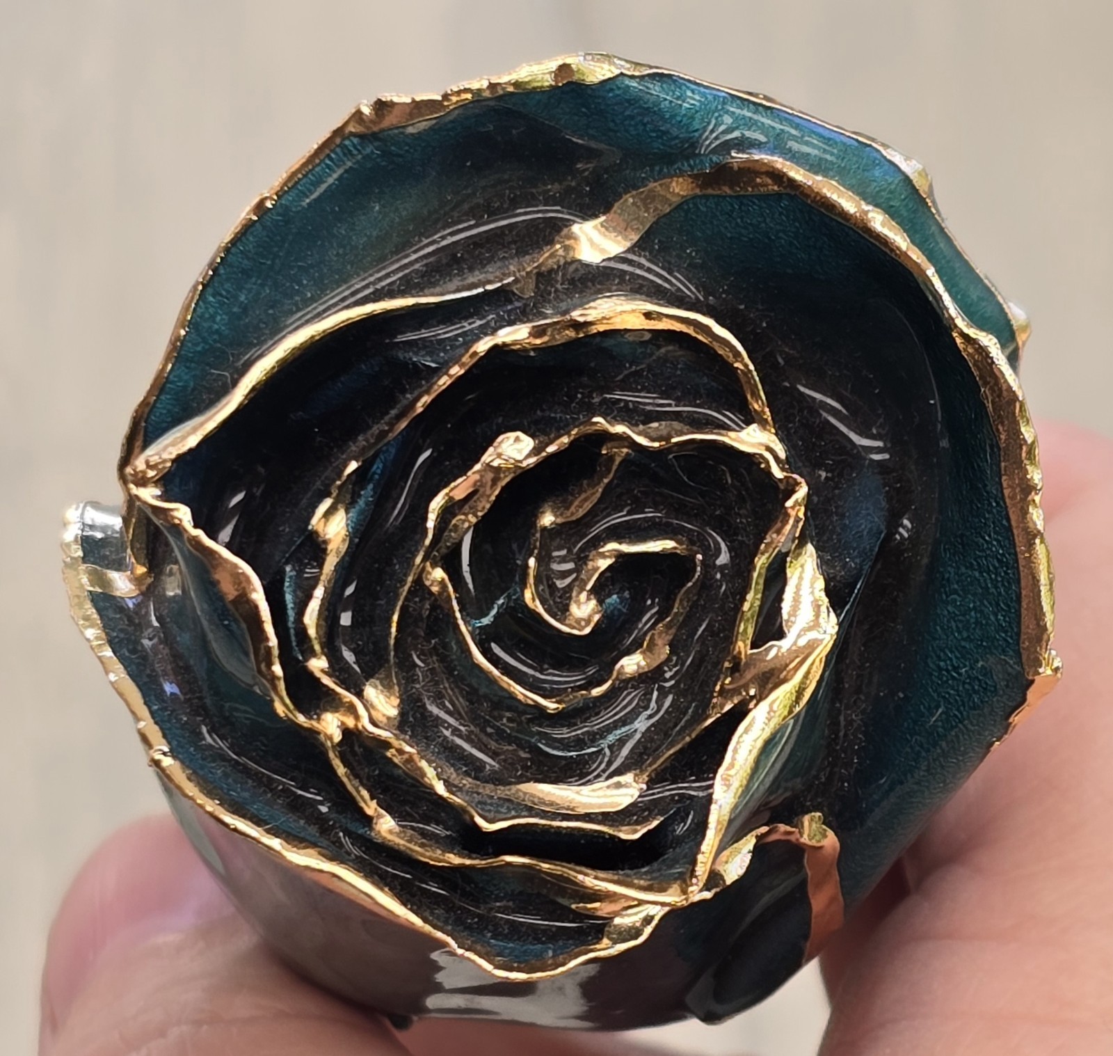Long Stem Dipped 24k Gold Real Rose Teal Blue Enamel Coated Flower Elegant Decor