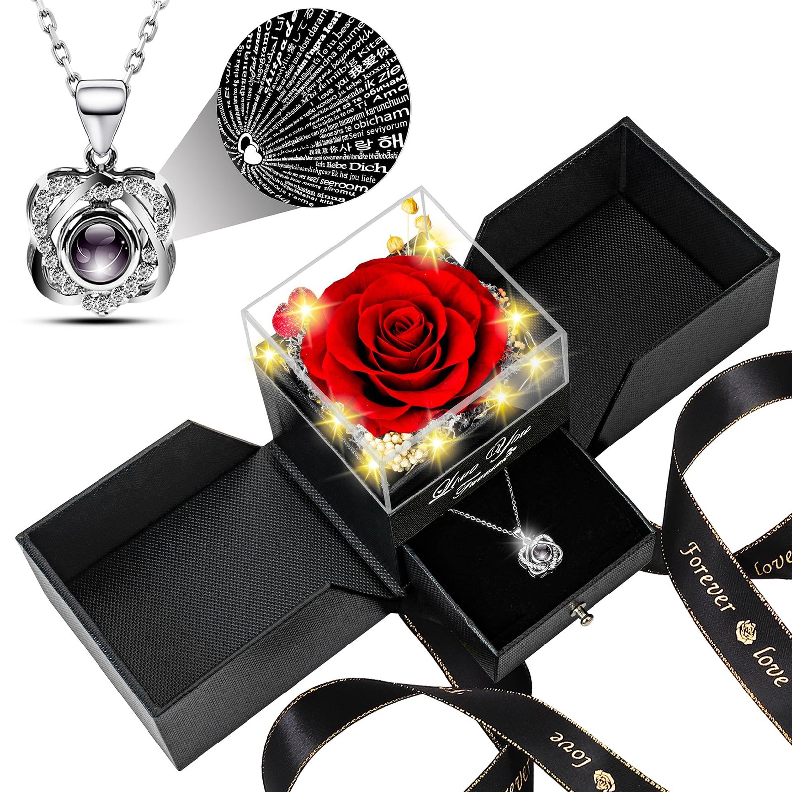 Preserved Red Real Rose with Heart I Love You Necklace -Mothers Day Gifts for…