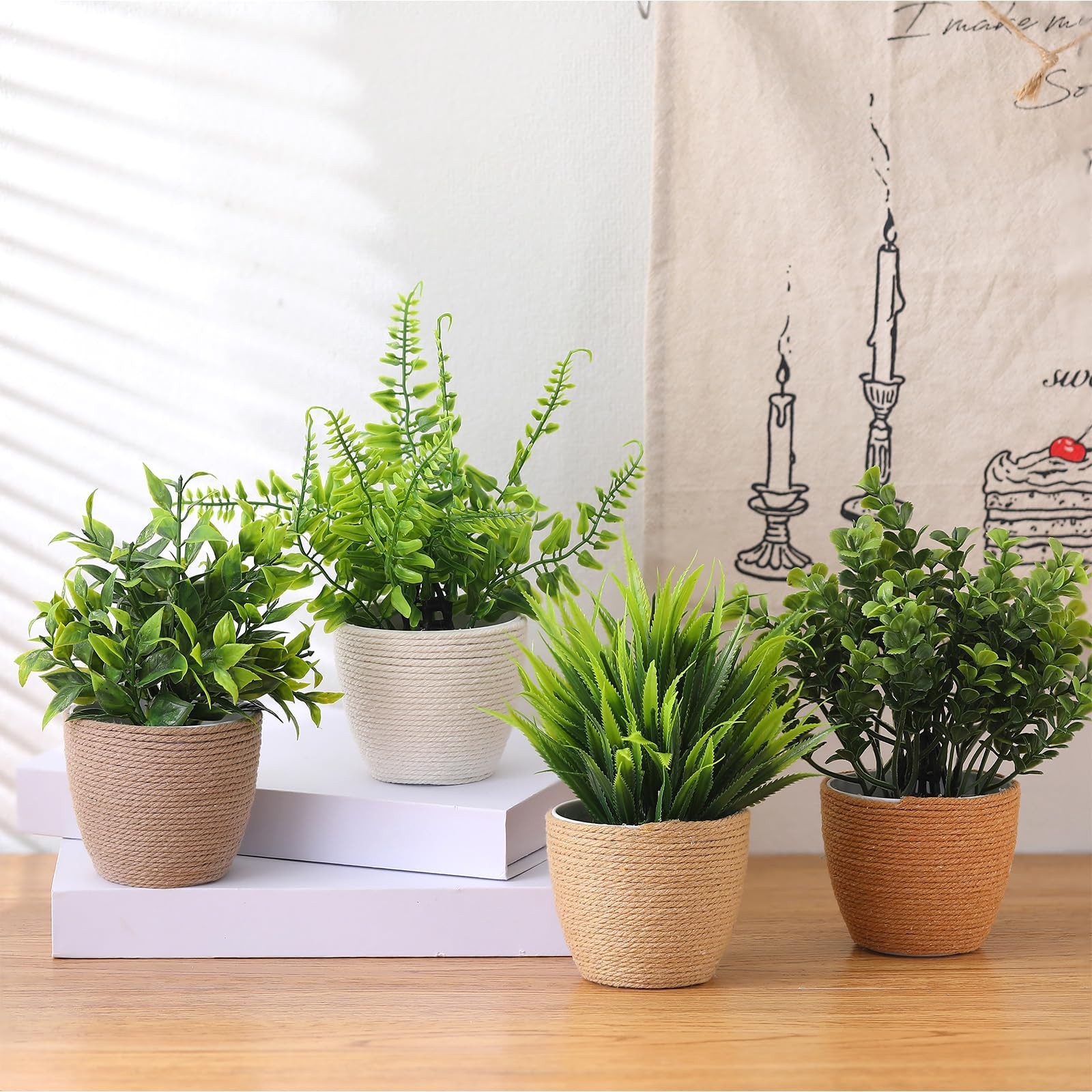 4 Pcs Boho Woven Artificial Plants, 8.7″ Small Faux Eucalyptus in Woven Plant…